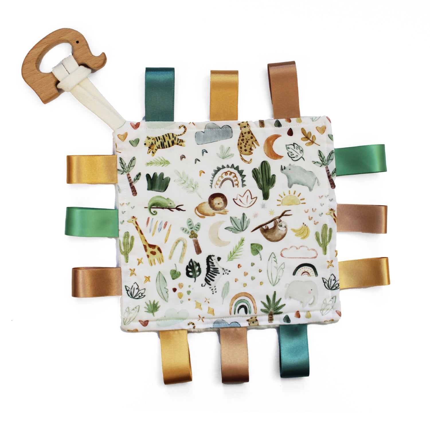 Baby comfort blanket with animals and plants, ribbon tags in browns and greens and wooden elephent teether attached