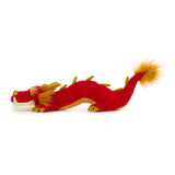 Festive Red dragon plush toy with gold accents on a white background