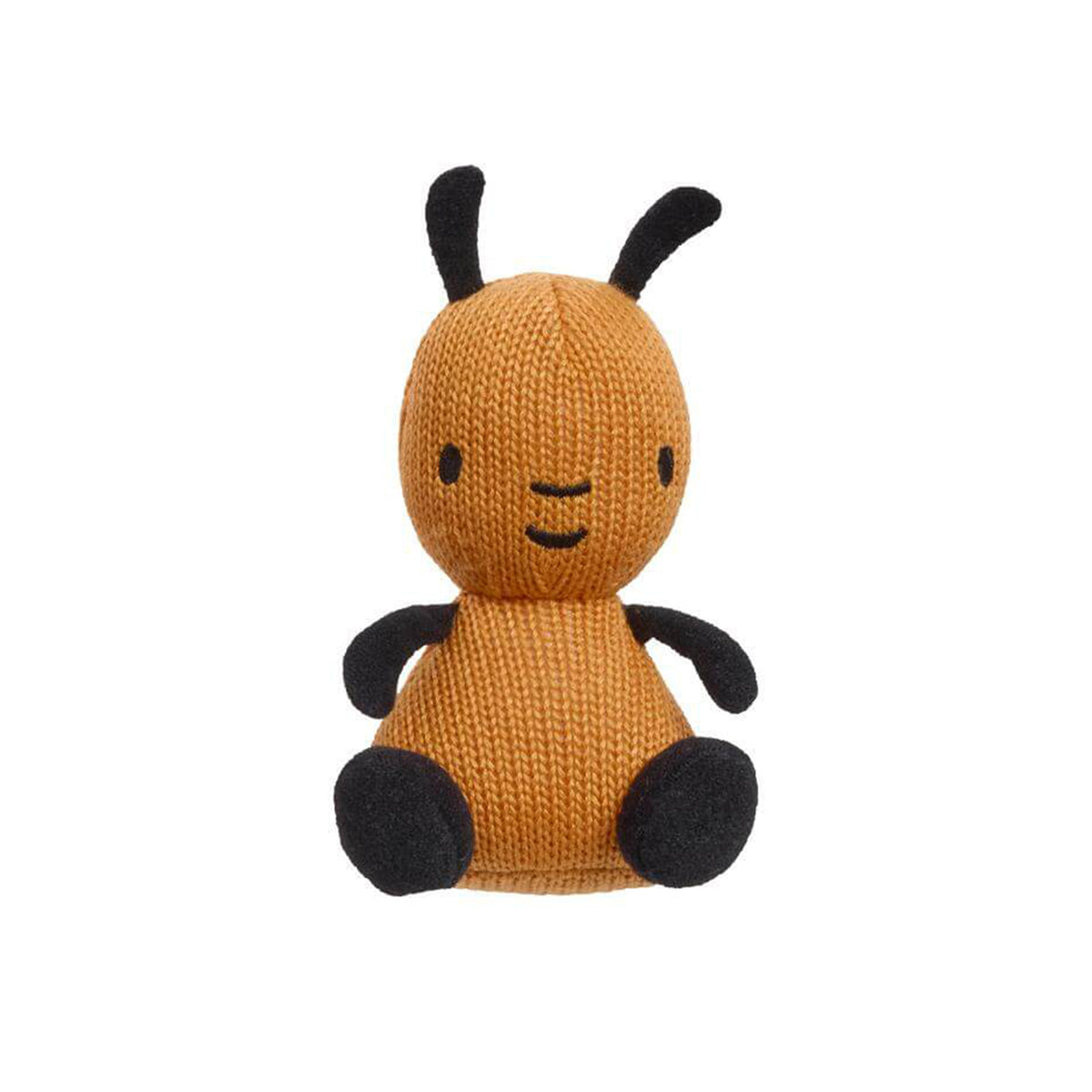 A small flop knitted plush toy with 
black antennae, black arms, and black feet, from the bing tv show