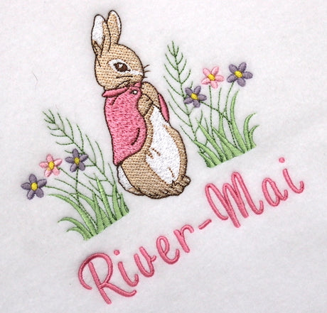 Flopsy bunny pretty embroidery design, for personalised baby blanket 