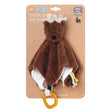A baby comforter toy shaped like a brown moose with white antlers and a fluffy cloth body with a mustard yellow ring teether, on a kraft cardboard backing card.