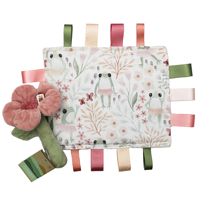Baby comfort blanket with ballet frog design, colourful ribbons and a flower baby rattle on a white background