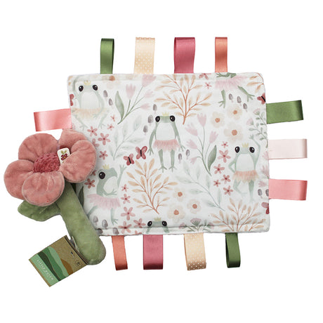 Baby comfort blanket with ballet frog design, colourful ribbons and a flower baby rattle on a white background