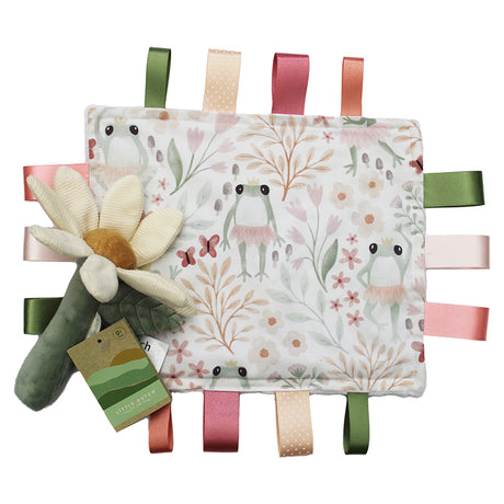 Baby comfort blanket with ballet frog design, colourful ribbons and a flower baby rattle on a white background