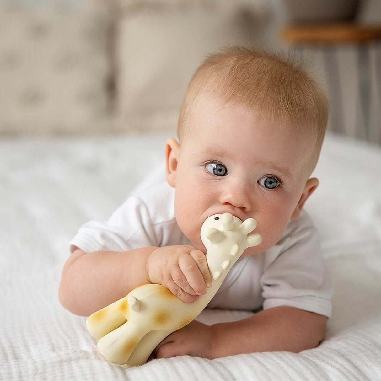 Baby biting a giraffe-shaped rubber toy on a soft surface