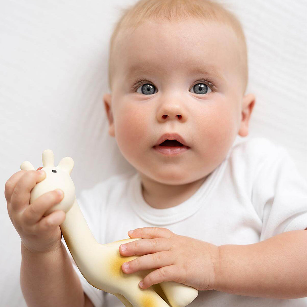 Baby holding a rubber giraffe toy with a plain background