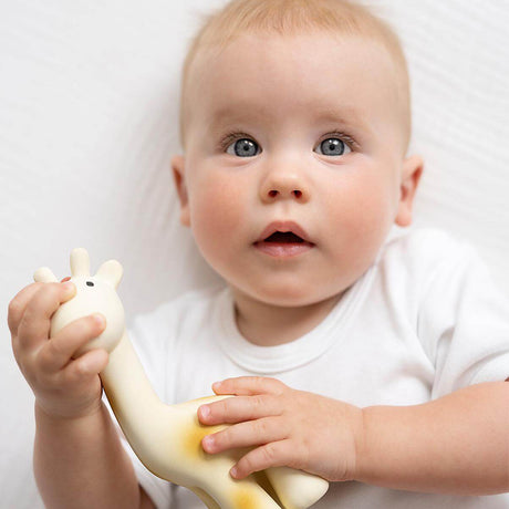 Baby holding a rubber giraffe toy with a plain background