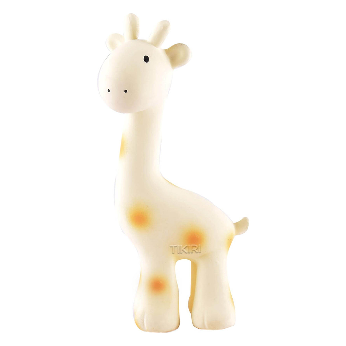 Rubber giraffe teething toy with a white background