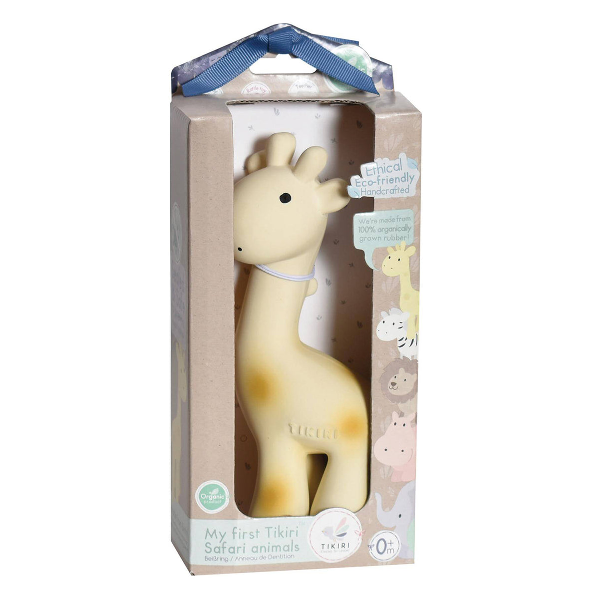 Giraffe-shaped rubber teether toy in a packaging box with a white background