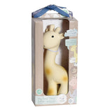 Giraffe-shaped rubber teether toy in a packaging box with a white background