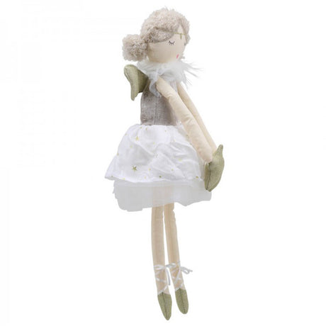 A cloth doll with curly hair and a gold headband and wings, wearing a white skirt with gold stars and holding a gold star