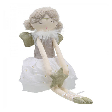 A cloth doll with curly hair and a gold headband and wings, wearing a white skirt with gold stars and holding a gold star