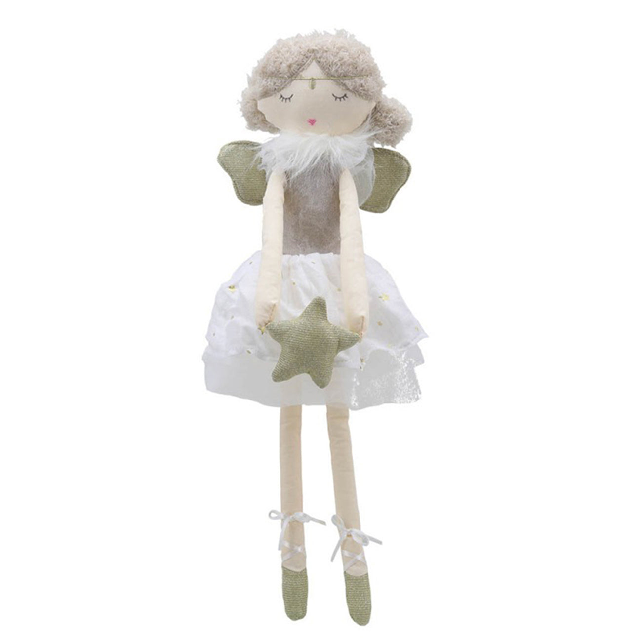 A cloth doll with curly hair and a gold headband, wearing a white skirt with gold stars and gray wings.