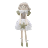 A cloth doll with curly hair and a gold headband, wearing a white skirt with gold stars and gray wings.
