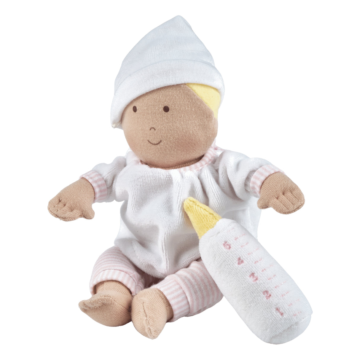 Soft baby doll with white an pink outfit with a bottle