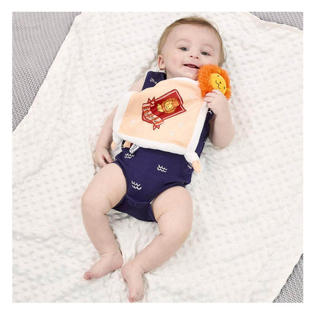 Baby smiling  holding a Harry Potter plush lion Gryffindor soother toy with a shield emblem on a white background