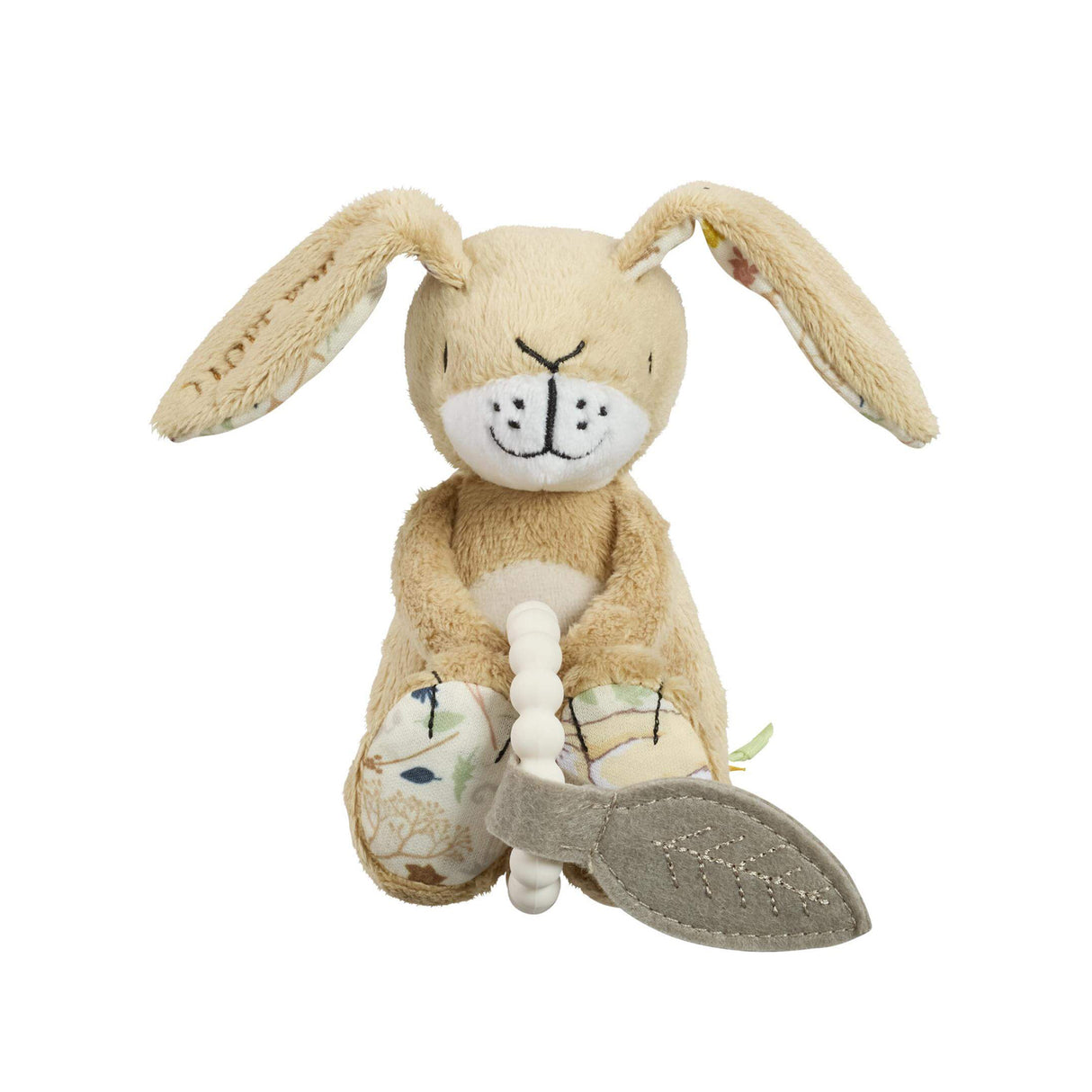 Plush nutbrown hare rabbit toy holding a leaf and silicon teether ring on a white background