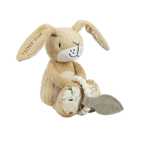 Plush nutbrown hare rabbit toy holding a leaf and silicon teether ring on a white background