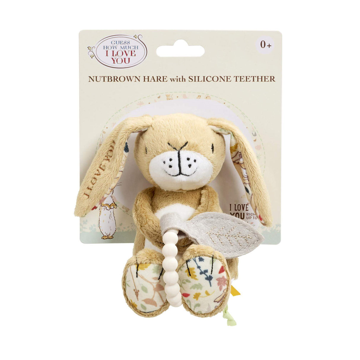 Plush Rabbit toy hare with silicone teether on a packaging card