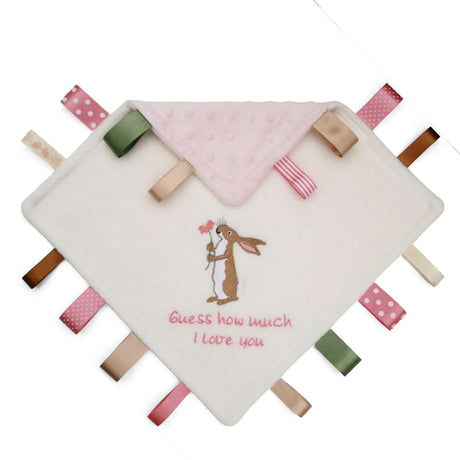 Nutbrown hare holding a flower design taggy blanket with colourful matching satin ribbon tags