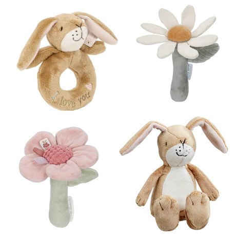Set of soft toys rattles including a bunny, flowers, and a rabbit 
ring on a white background