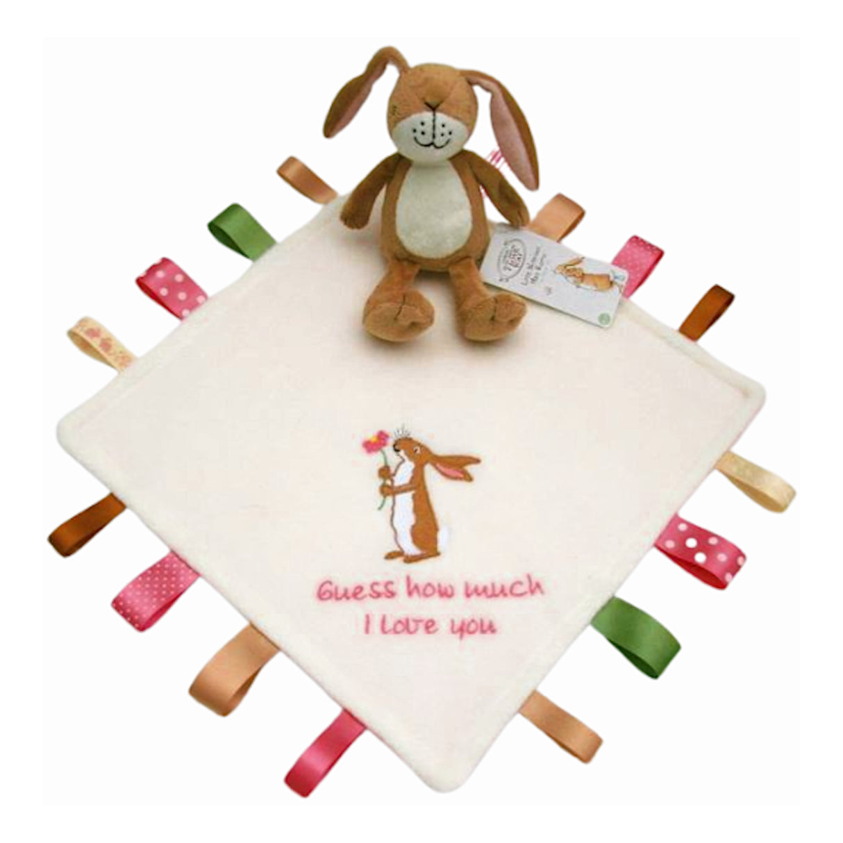 Baby comfort blanket with embroidered text and soft rattle toy rabbit on a white background