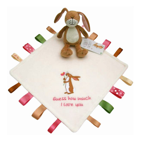 Baby comfort blanket with embroidered text and soft rattle toy rabbit on a white background