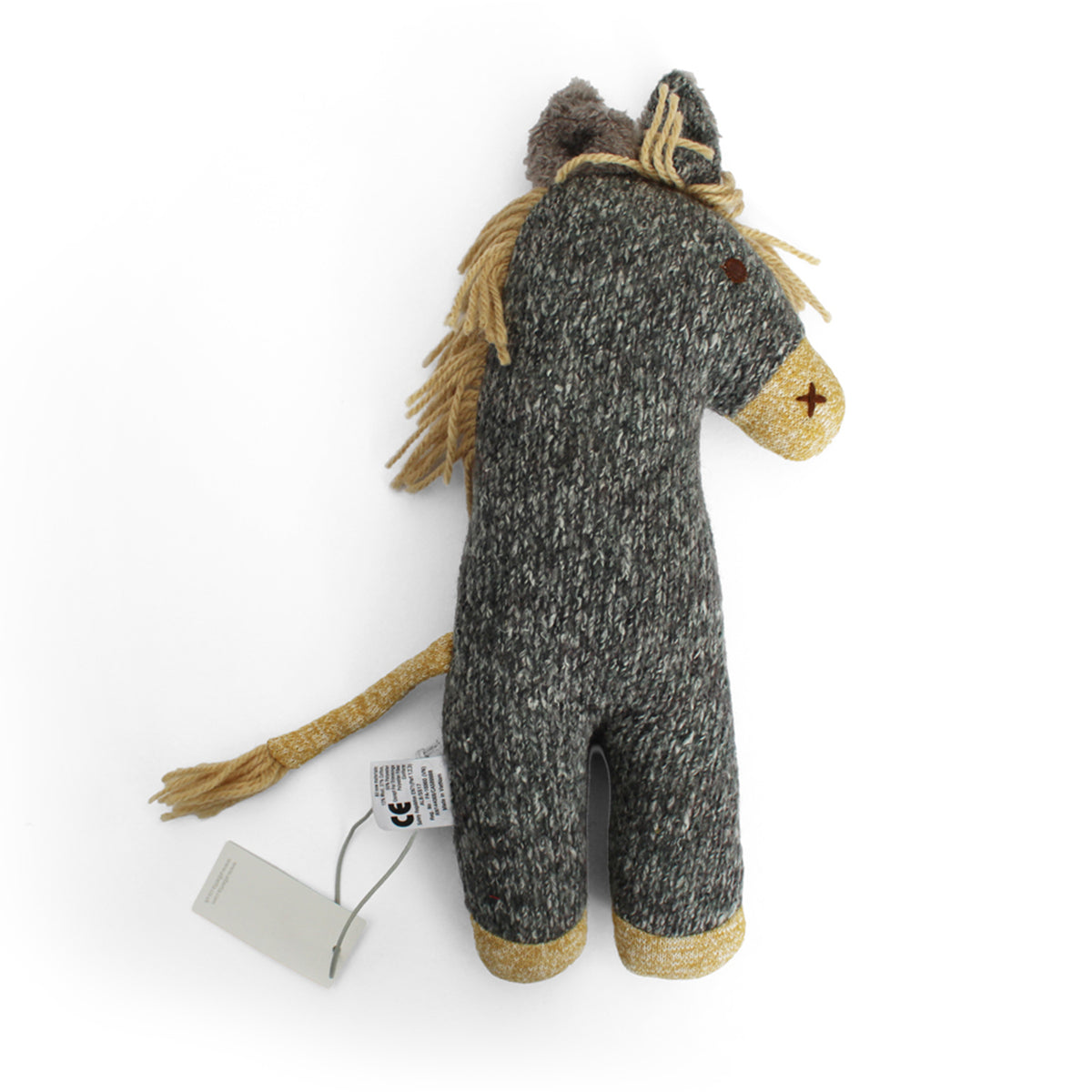A handmade woolly horse plush toy in dark gray and beige heathered yarn, featuring a tan fringed mane and tail.
