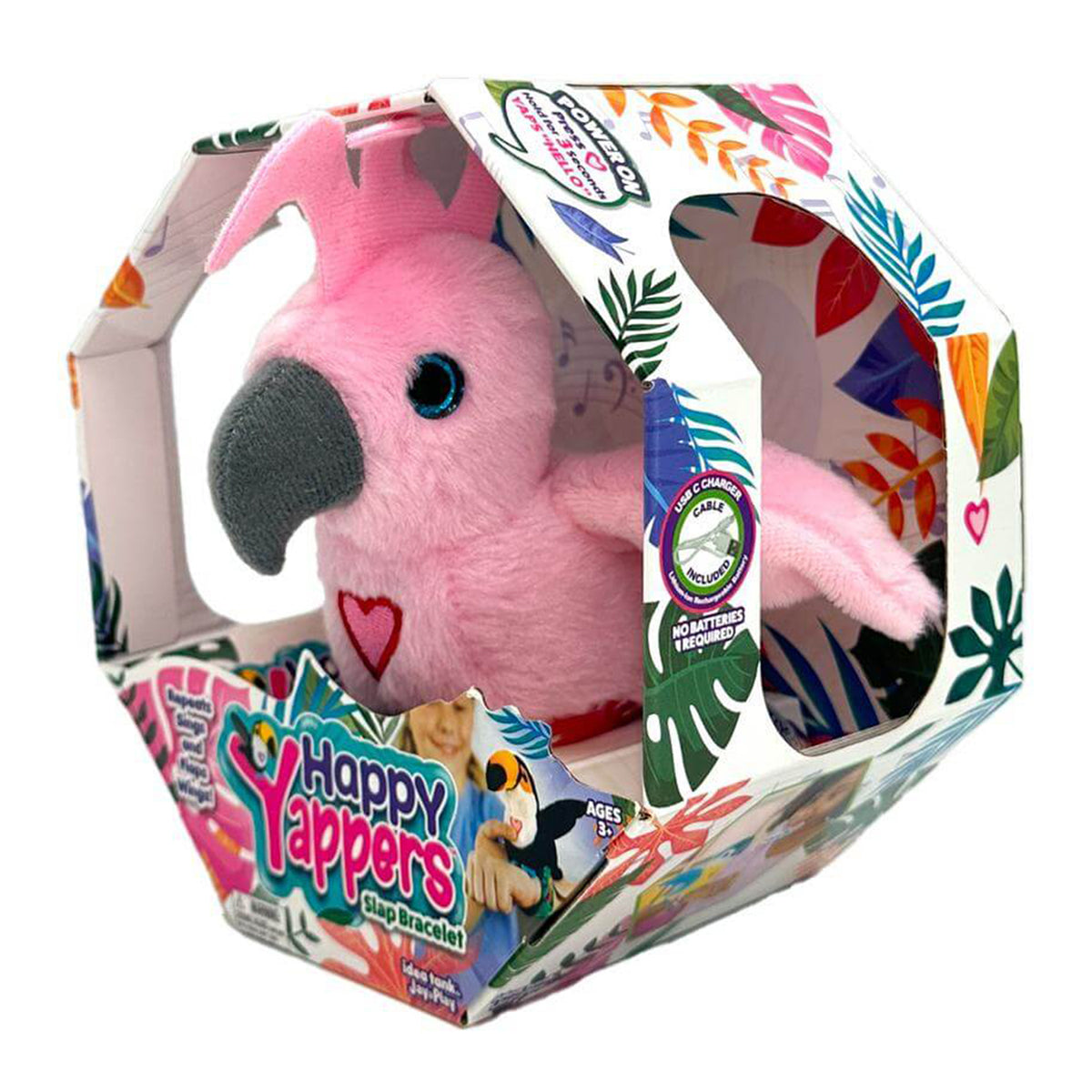 Pink cockatoo soft toy in a colourful box with 'Happy Yappers' branding