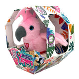 Pink cockatoo soft toy in a colourful box with 'Happy Yappers' branding