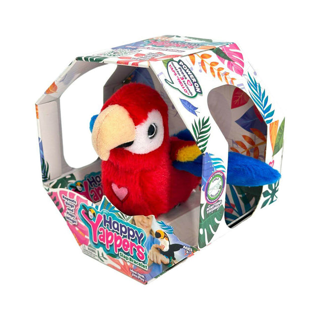 Red parrot plush toy in a colourful box with 'Happy Yappers' branding.