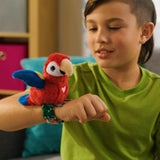 Child wearing a red parrot-shaped toy on a wristband