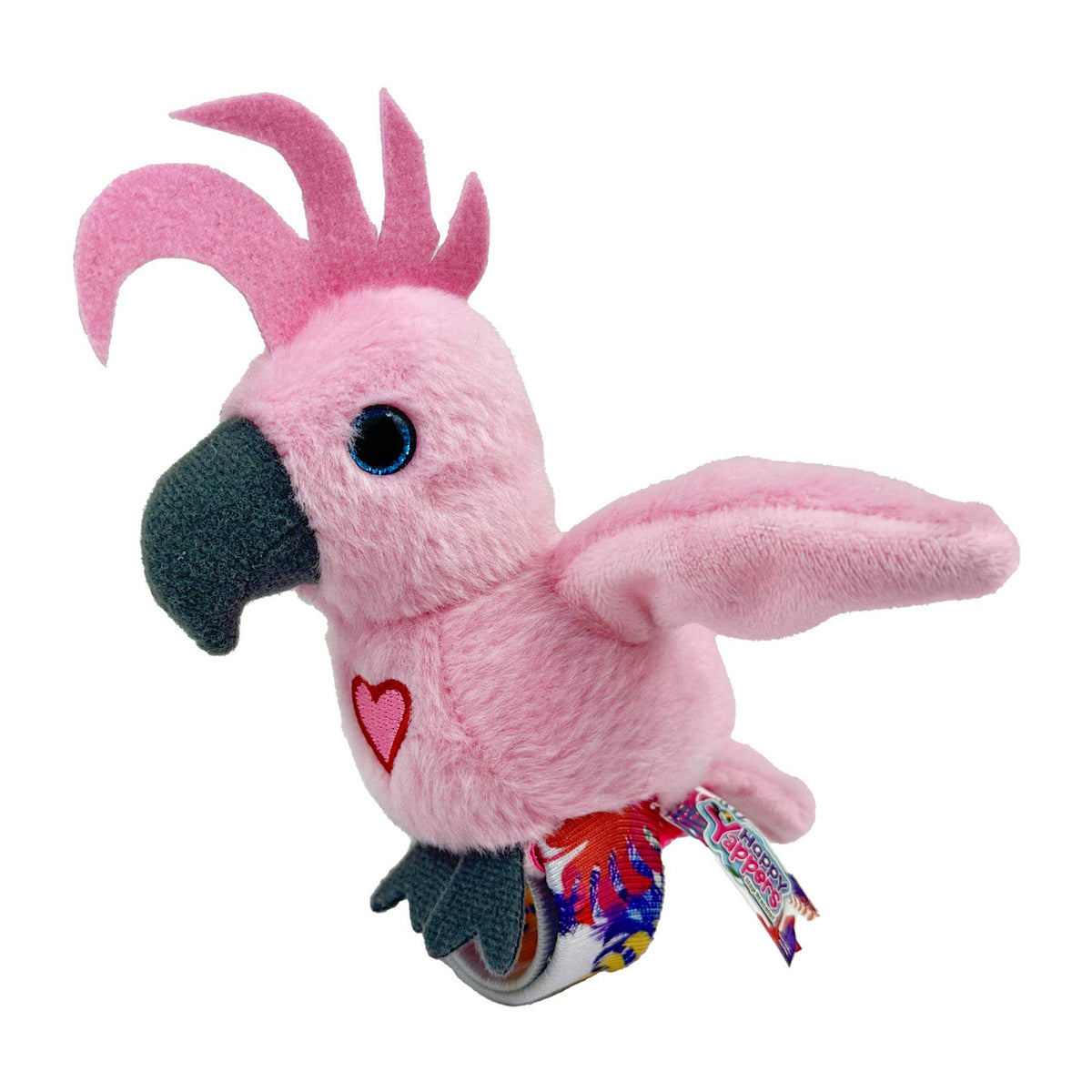 A pink plush cockatoo toy with a dark gray beak and feet, a red heart on its chest, and a colourful patterned snap band, shown on a plain white background.