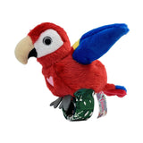 Red parrot plush toy with a colourful tag on a white background