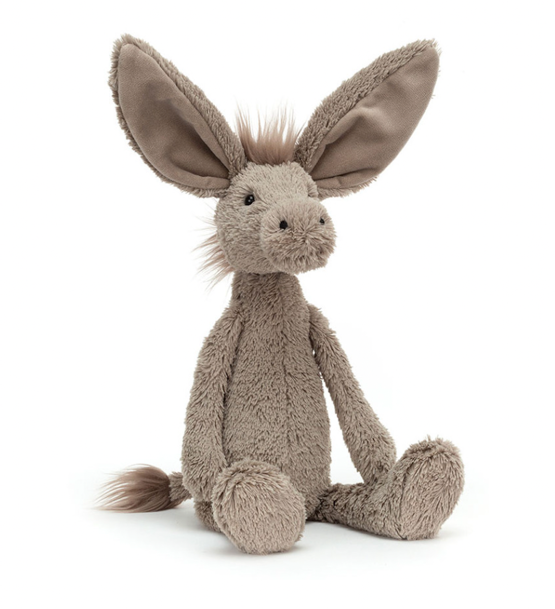 A soft gray fabric donkey toy with a spiky mane and long flappy ears, sitting upright.