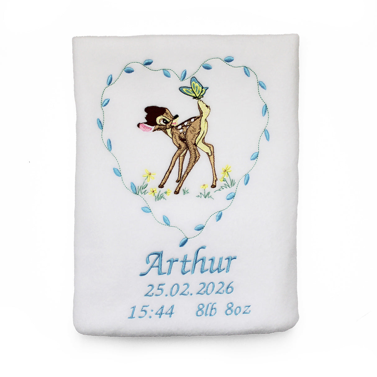 White baby blanket with embroidered bambi and butterfly design in a heart and personalised name and date of birth