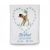 White baby blanket with embroidered bambi and butterfly design in a heart and personalised name and date of birth