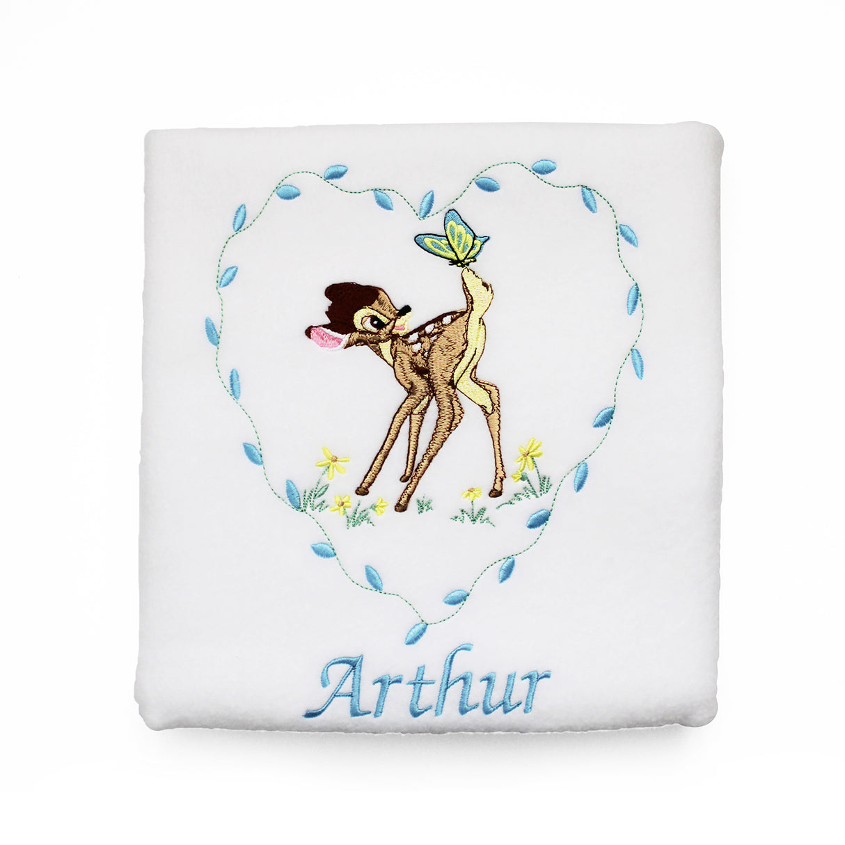 White baby blanket with embroidered bambi and butterfly design in a heart and personalised name