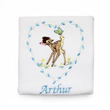 White baby blanket with embroidered bambi and butterfly design in a heart and personalised name