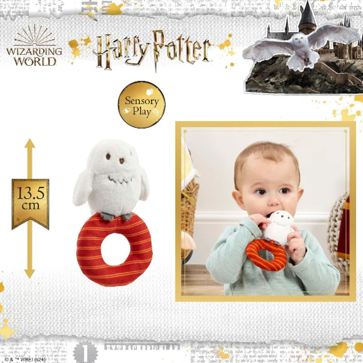 Harry Potter sensory play toy with a baby holding it, featuring a castle and owl in the background.