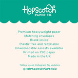 Hopscotch Paper Co. promotional text on a teal and white background