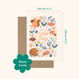 Greeting card with animals and text 'welcome little baby' on a white background