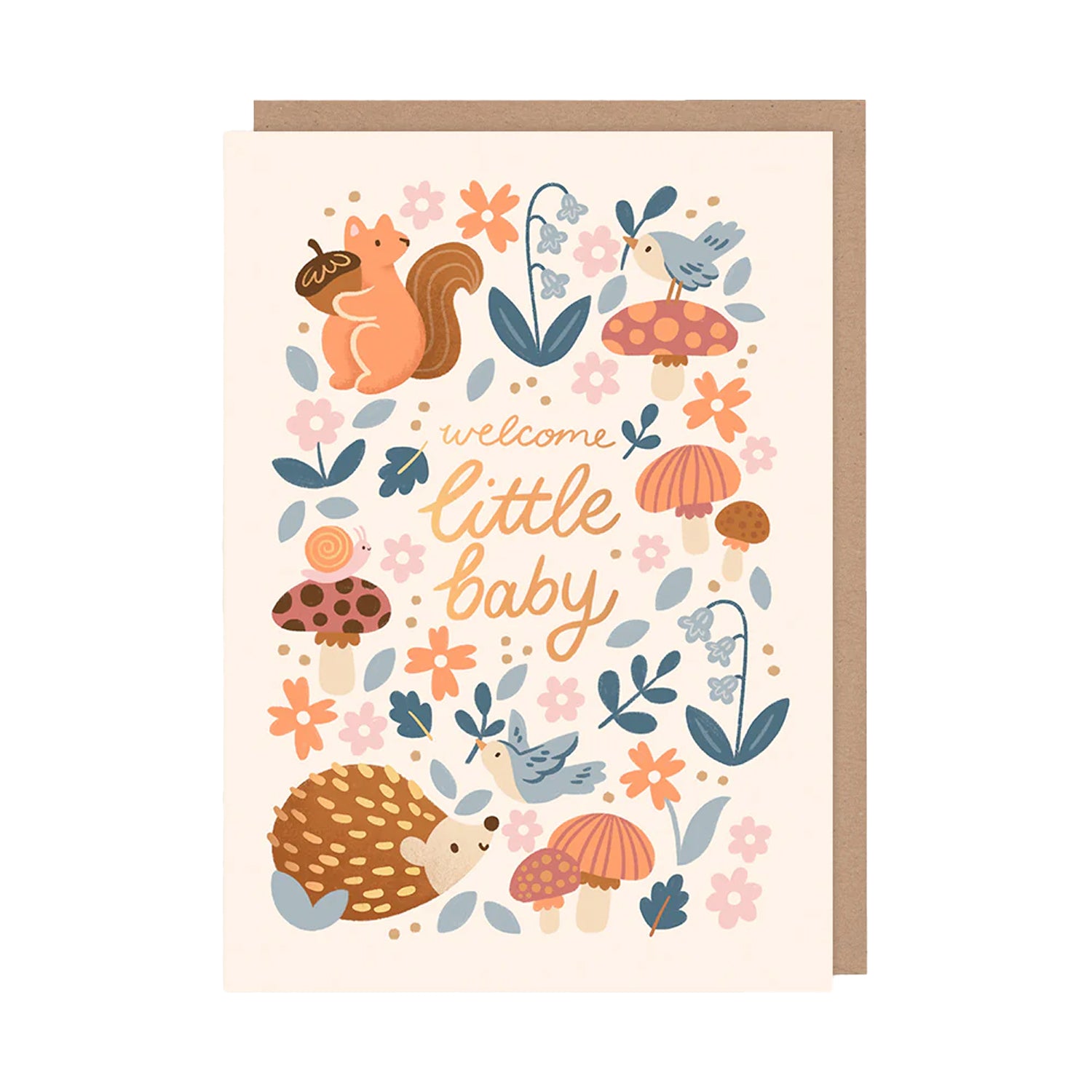 Greeting card with forest-themed illustrations and 'welcome little baby' text on a white background.
