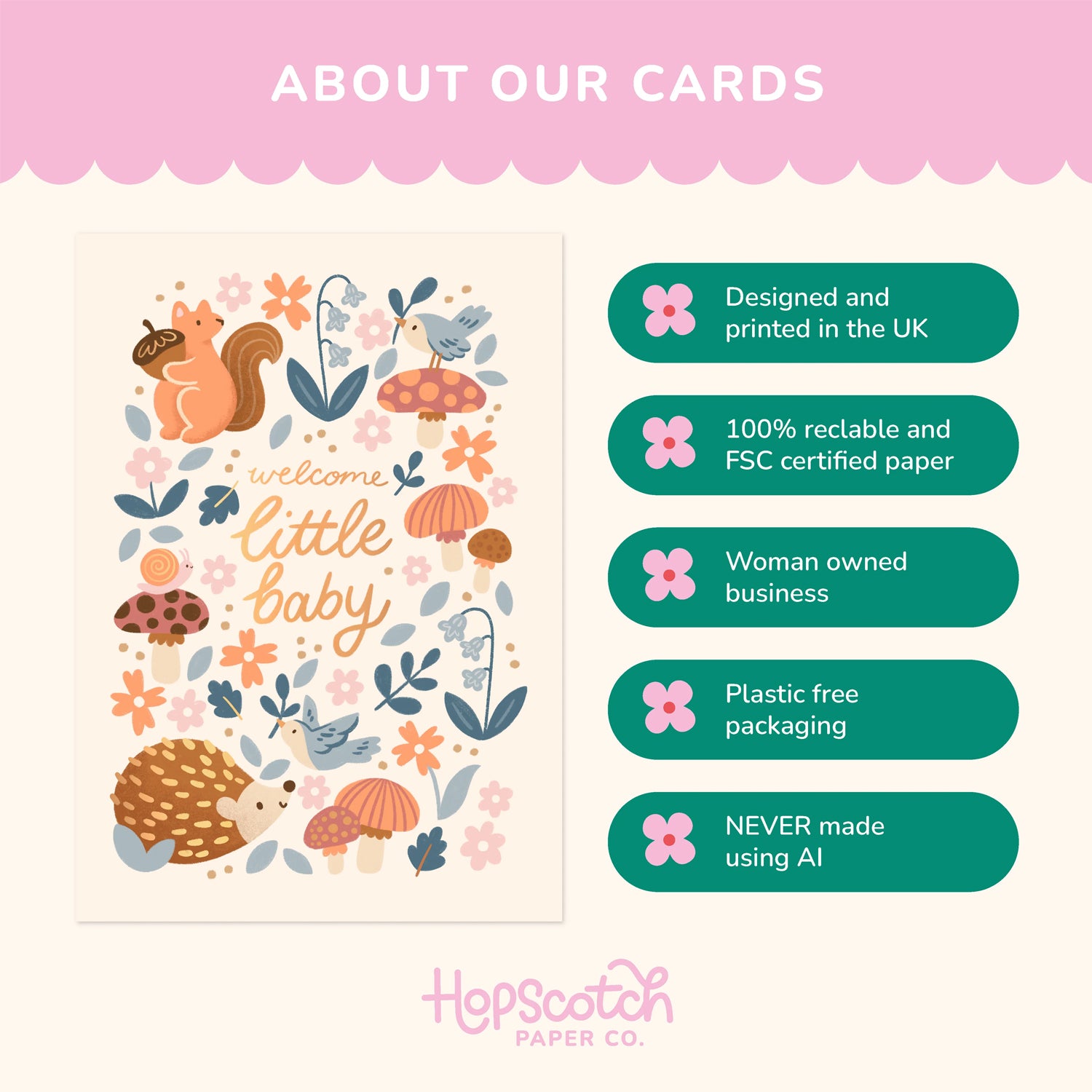 Card with nature-themed design and information about Hopscotch Paper Co. on a pink background