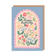 Greeting card with floral design and 'Happy Birthday' text on a light blue background