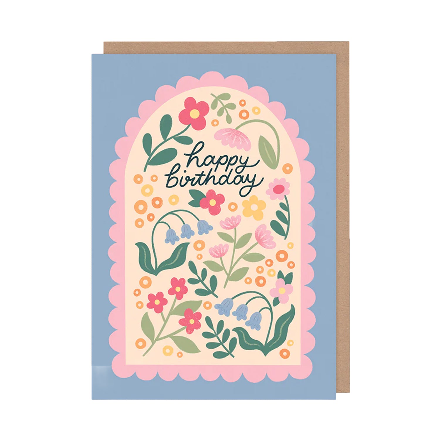 Greeting card with floral design and 'Happy Birthday' text on a light blue background
