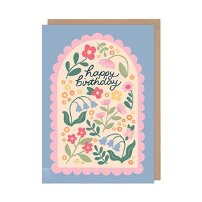 Greeting card with floral design and 'Happy Birthday' text on a light blue background