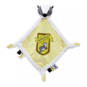 A Harry Potter themed Hufflepuff comfort blanket with a badger's head, featuring the Hufflepuff crest with yellow and white colours and embroidered stars.