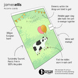 Birthday card with cow illustration and balloons, featuring James Ellis branding and sustainability information.