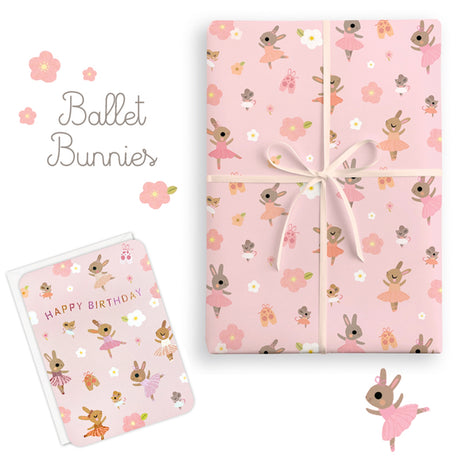 Gift wrap with ballet-themed design featuring bunnies and flowers on a pink background.